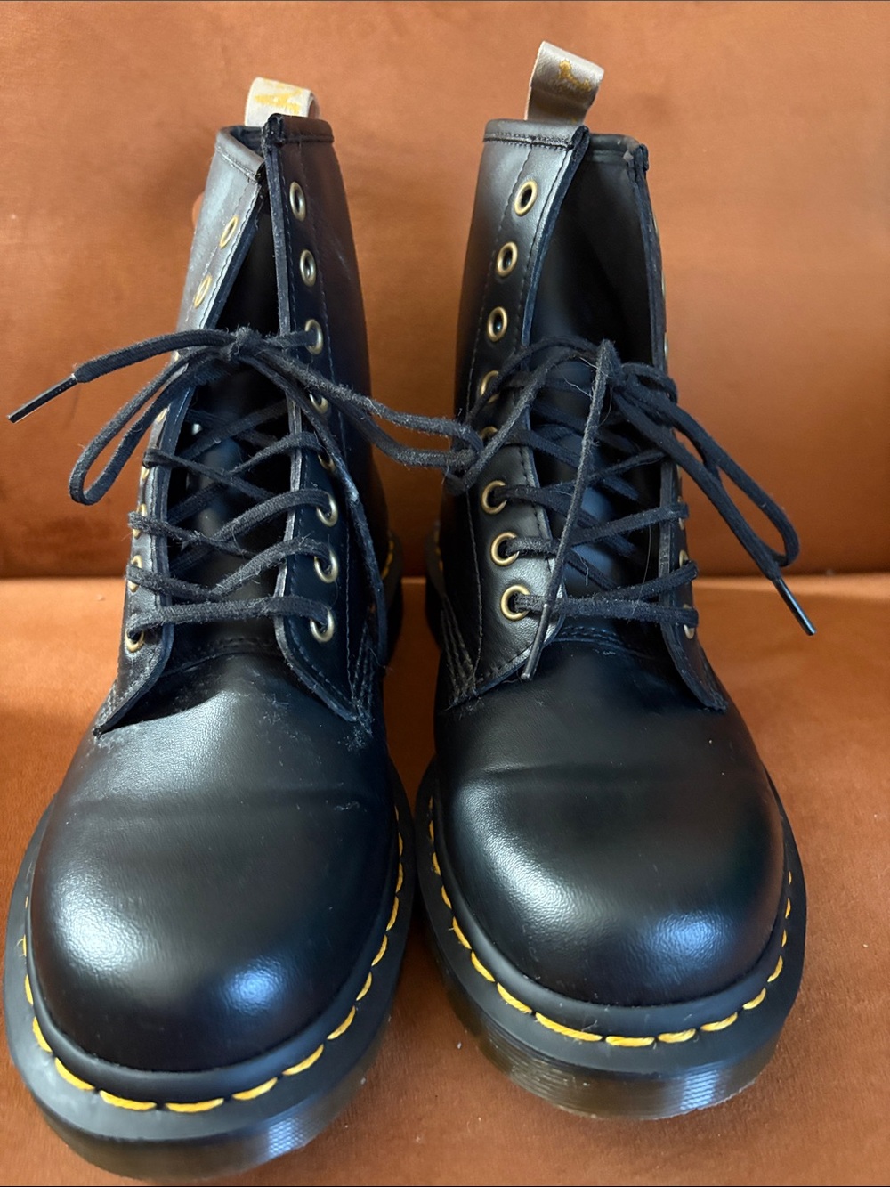 Dr. Martens Black Leather Lace-Up Boots with Yellow Stitching